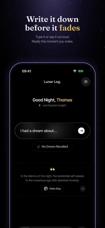 App Store screenshot: Write it down before it fades. Type it or say it out loud. Ready the moment you wake.