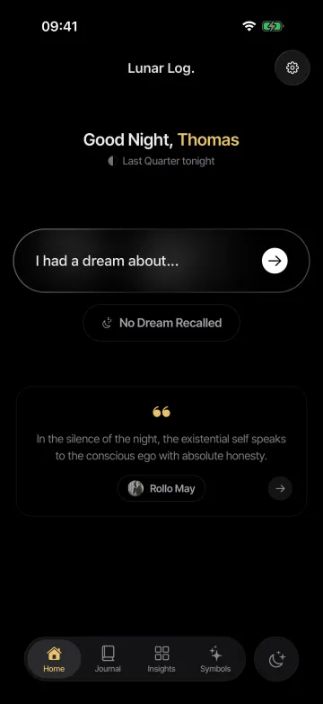 The Lunar Log home screen: a greeting under tonight's moon above a capture field reading 'I had a dream about…'.