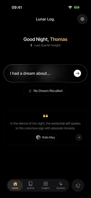 The Lunar Log home screen: a greeting under tonight's moon above a capture field reading 'I had a dream about…'