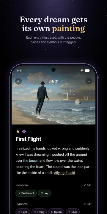 Google Play screenshot: Every dream gets its own painting. Each entry illustrated, with the people, places and symbols in it tagged.