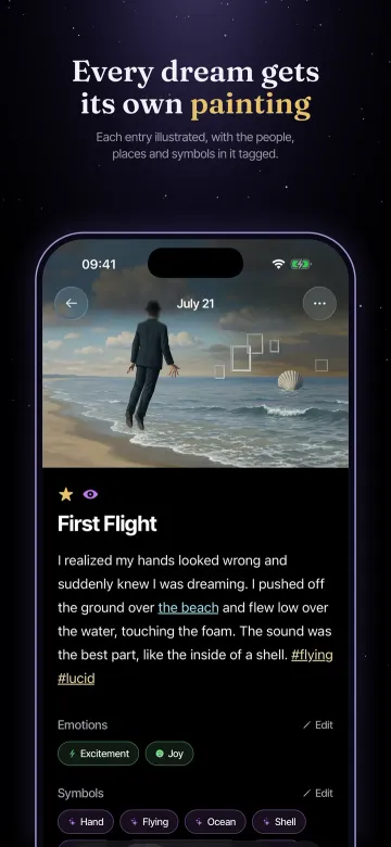 App Store screenshot: Every dream gets its own painting. Each entry illustrated, with the people, places and symbols in it tagged.