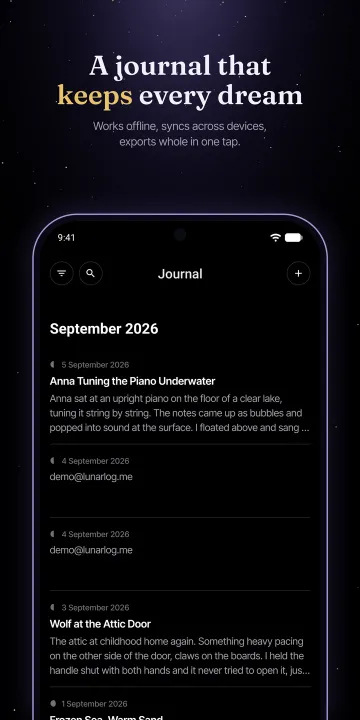 Google Play screenshot: A journal that keeps every dream. Works offline, syncs across devices, exports whole in one tap.