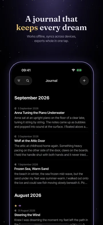 App Store screenshot: A journal that keeps every dream. Works offline, syncs across devices, exports whole in one tap.