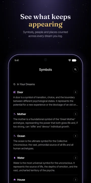 Google Play screenshot: See what keeps appearing. Symbols, people and places counted across every dream you log.