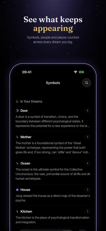 App Store screenshot: See what keeps appearing. Symbols, people and places counted across every dream you log.