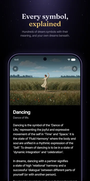 Google Play screenshot: Every symbol, explained. Hundreds of dream symbols with their meaning, and your own dreams beneath.