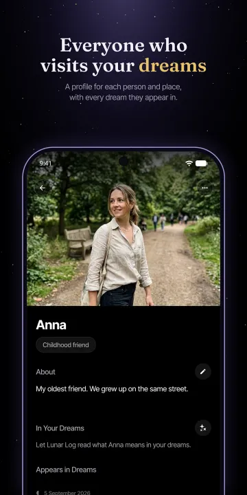 Google Play screenshot: Everyone who visits your dreams. A profile for each person and place, with every dream they appear in.