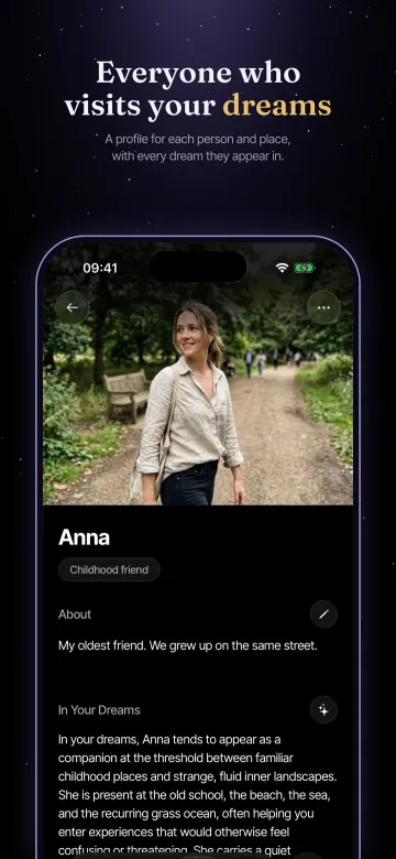 App Store screenshot: Everyone who visits your dreams. A profile for each person and place, with every dream they appear in.