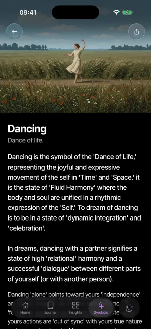 The Dancing symbol page in Lunar Log, with a painted emblem above an essay on the dance of life.