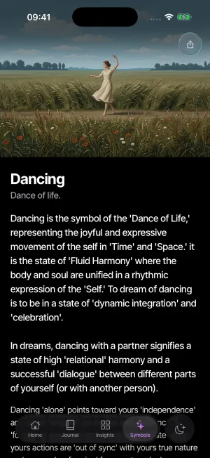 The Dancing symbol page in Lunar Log, with a painted emblem above an essay on the dance of life.