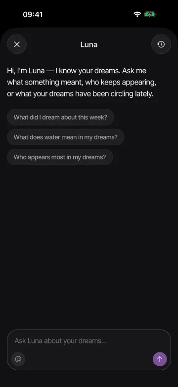 Luna in Lunar Log: a conversation screen with a few starter questions about the dreamer's own journal.