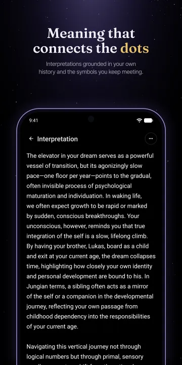 Google Play screenshot: Meaning that connects the dots. Interpretations grounded in your own history and the symbols you keep meeting.