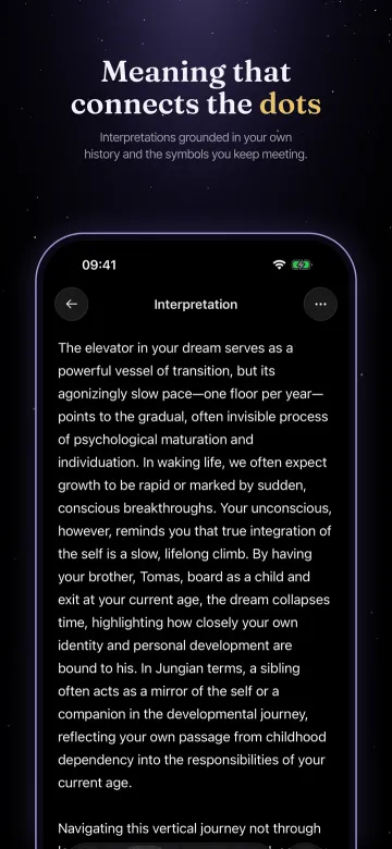 App Store screenshot: Meaning that connects the dots. Interpretations grounded in your own history and the symbols you keep meeting.