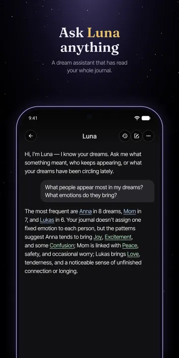 Google Play screenshot: Ask Luna anything. A dream assistant that has read your whole journal.