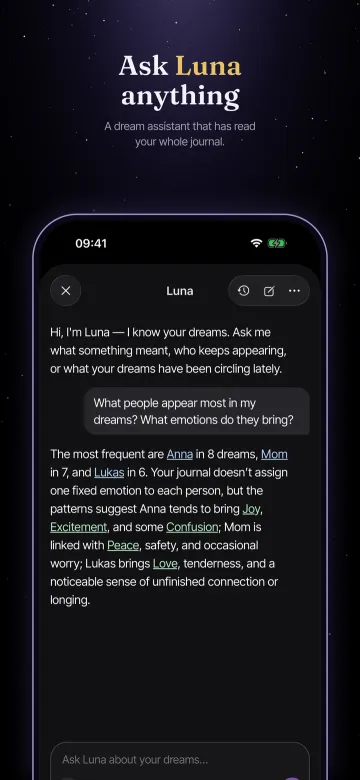App Store screenshot: Ask Luna anything. A dream assistant that has read your whole journal.