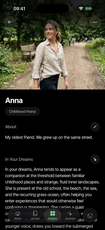 A person profile for Anna in Lunar Log, with her photo, a relationship, an About note, and the dreams she appears in.