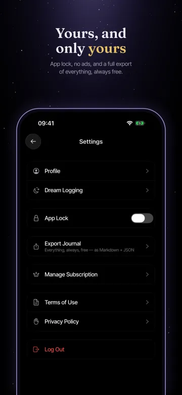 App Store screenshot: Yours, and only yours. App lock, no ads, and a full export of everything, always free.
