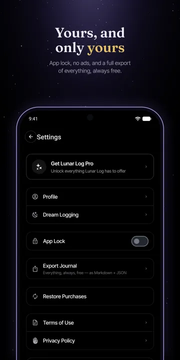 Google Play screenshot: Yours, and only yours. App lock, no ads, and a full export of everything, always free.