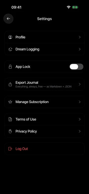Lunar Log settings, with profile, dream logging, app lock, journal export, and subscription options.