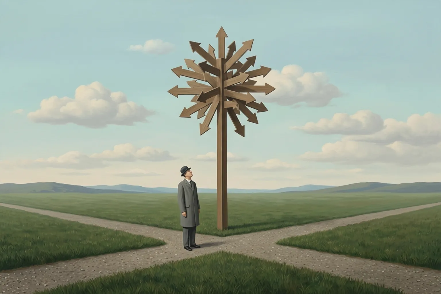 A surrealist painted emblem of confusion as it appears in dreams.