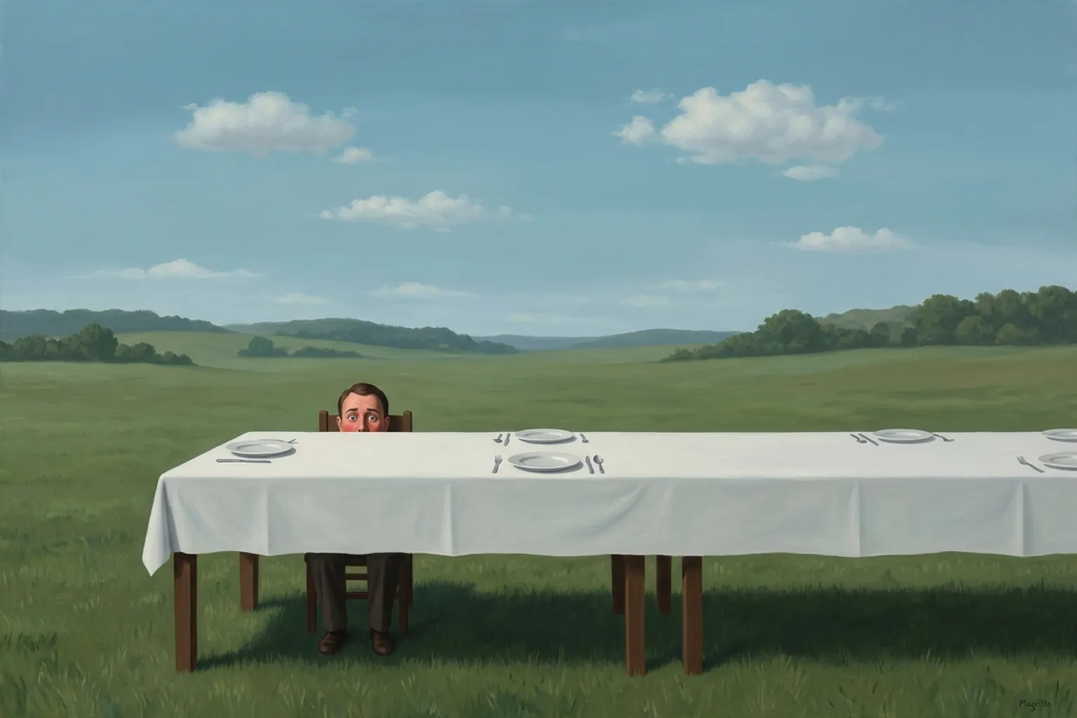 A surrealist painted emblem of embarrassment as it appears in dreams.
