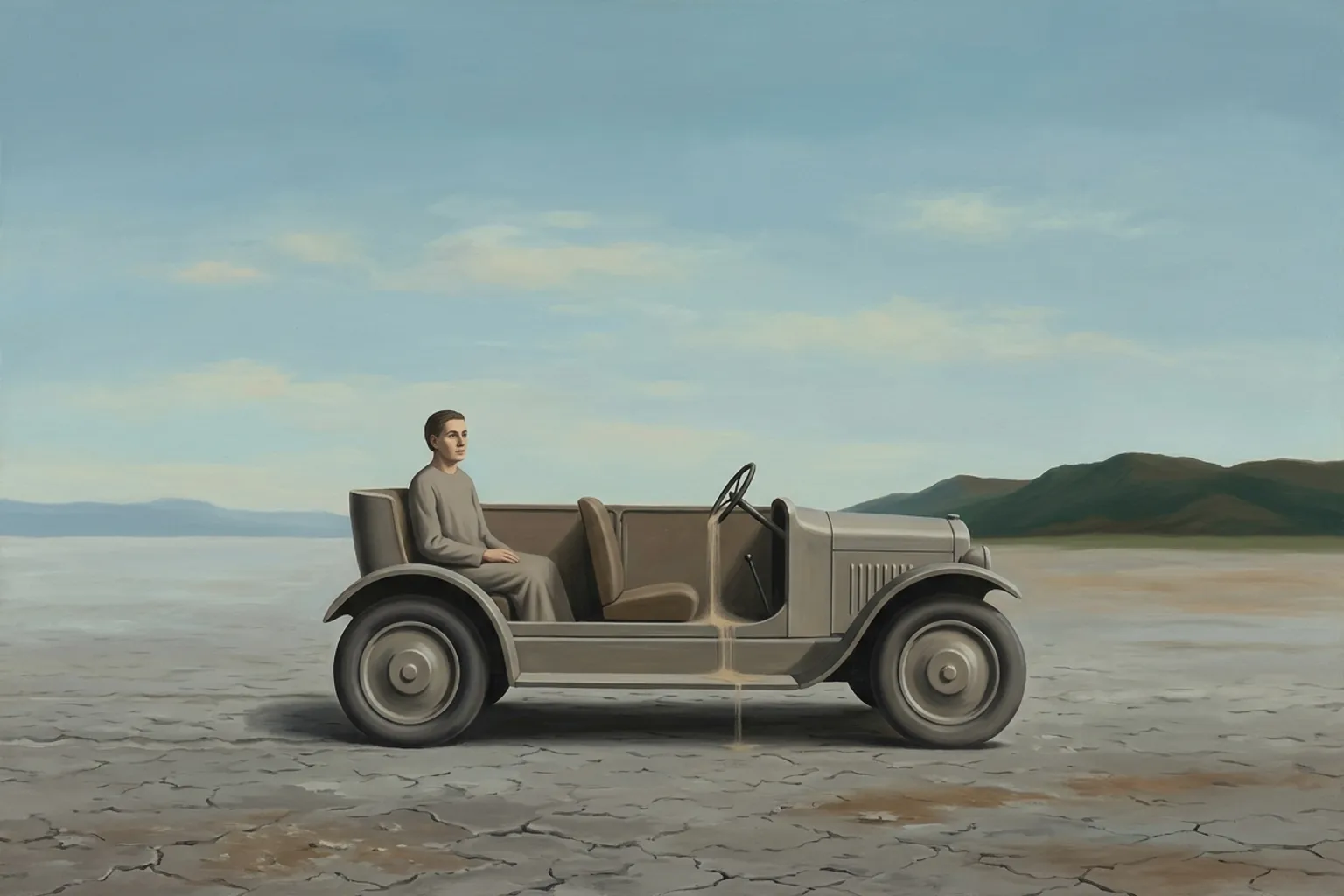 A surrealist painted emblem of helplessness as it appears in dreams.
