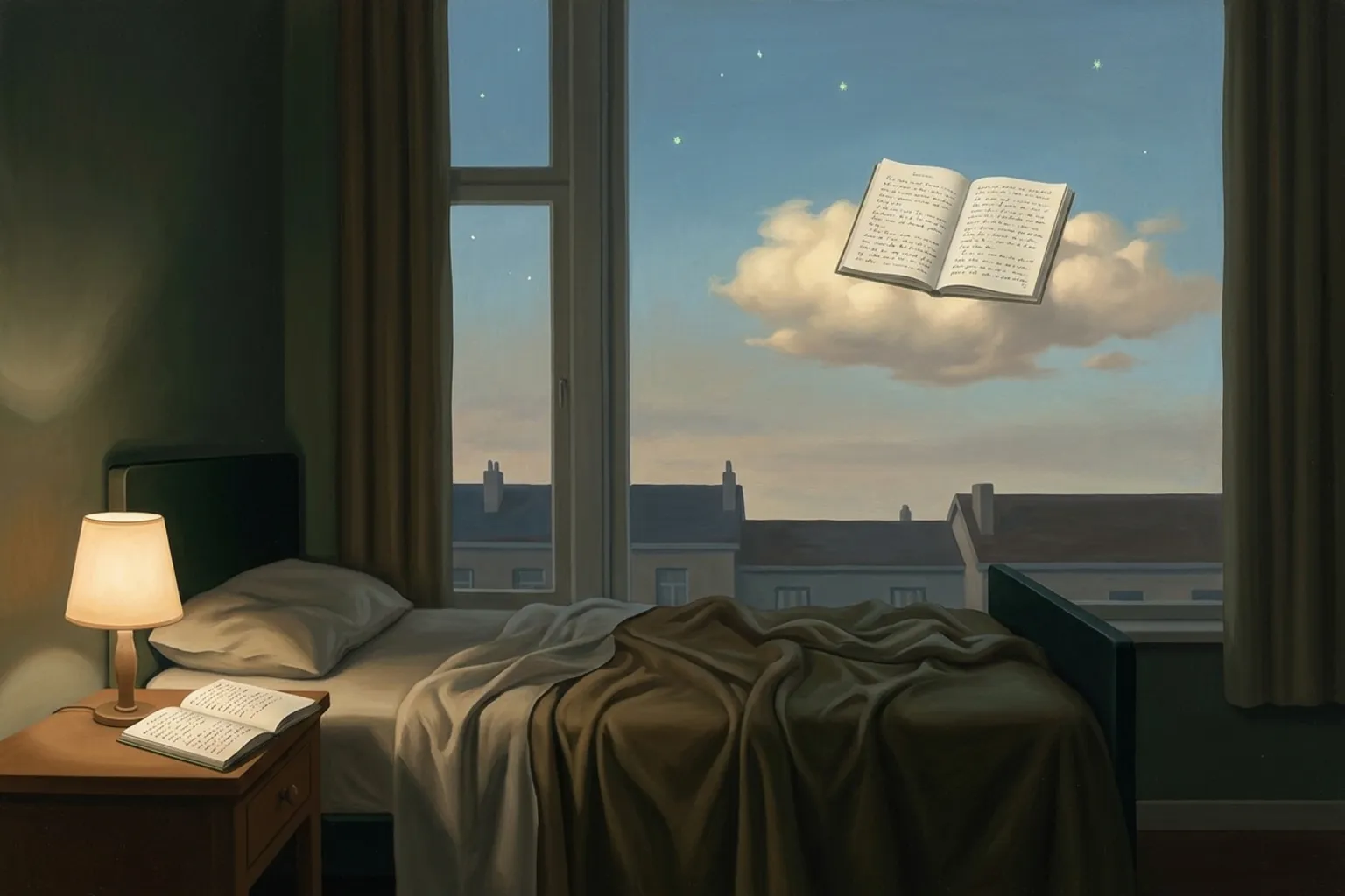 A surrealist oil painting of a dim bedroom at night, a lamp lighting an open handwritten notebook on the bedside table, while through the window the same open notebook rests on a cloud above the rooftops.
