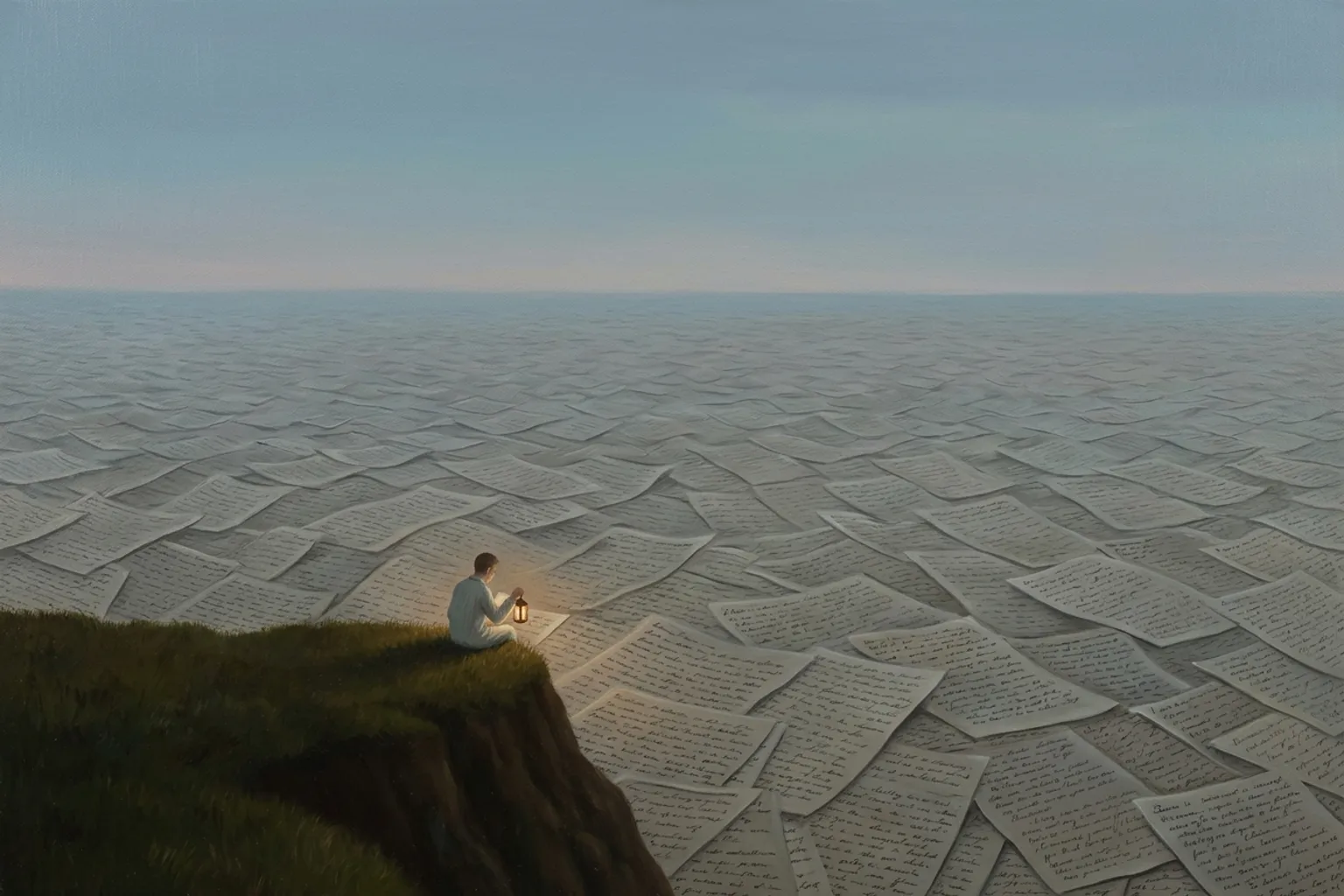 A surrealist oil painting of a vast sea whose surface is made of pages of handwriting, seen from a grassy cliff where a small figure in nightclothes sits reading it by the light of a single lamp.