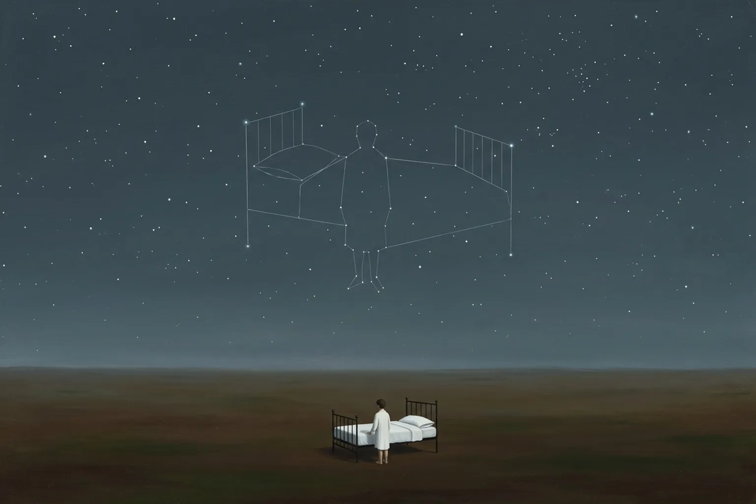 A surrealist oil painting of a vast empty plain at night. A tiny figure in a white nightshirt stands beside a small iron bed, looking up at an enormous starry sky where the scattered stars are joined by faint chart lines into one constellation that traces the exact outline of the figure and the bed below.