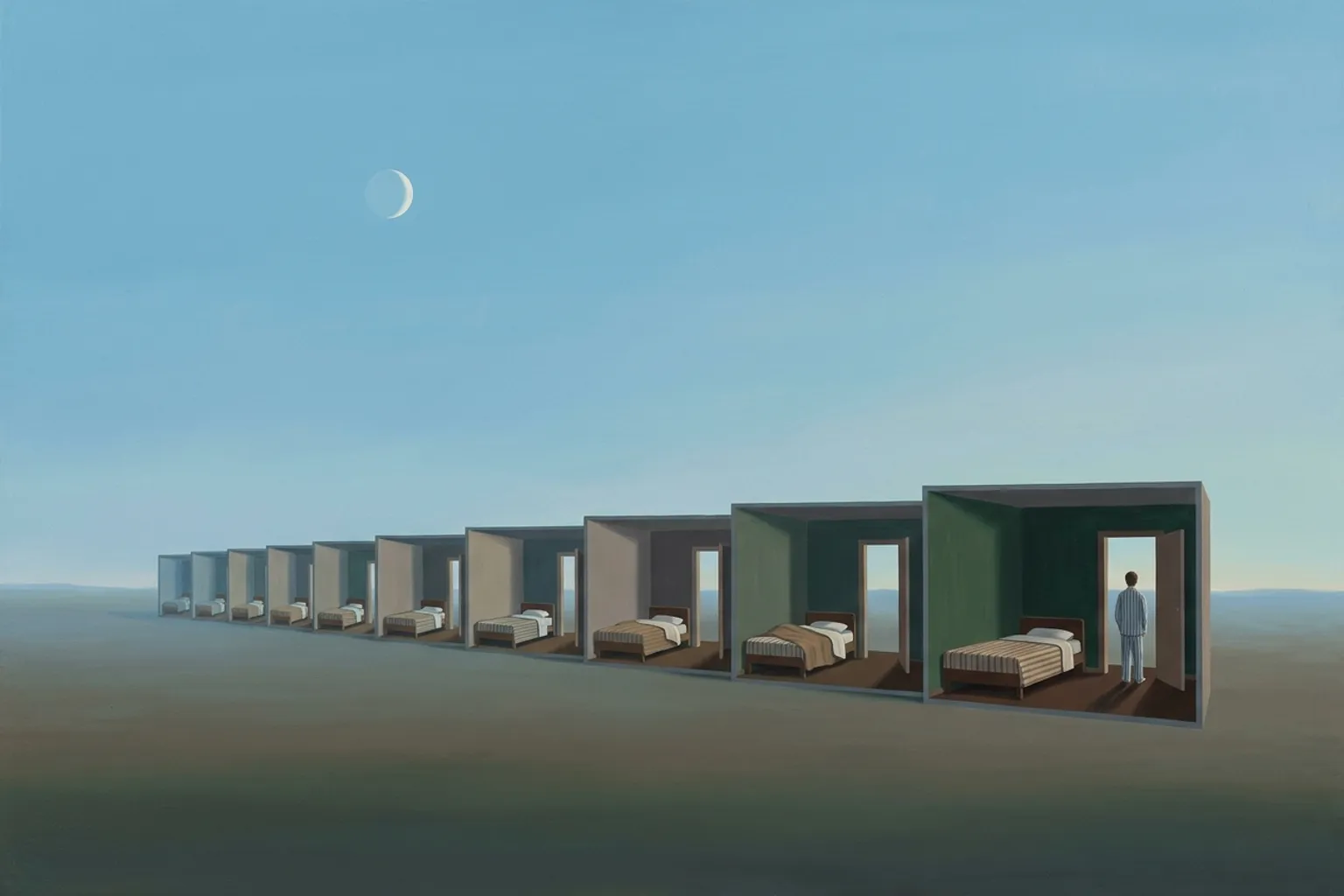 A surrealist oil painting of a long row of identical open-fronted bedrooms receding across a vast evening plain under a crescent moon, each with the same striped bed and the same doorway, while a small figure in striped pyjamas stands in the nearest doorway looking out at the open plain.