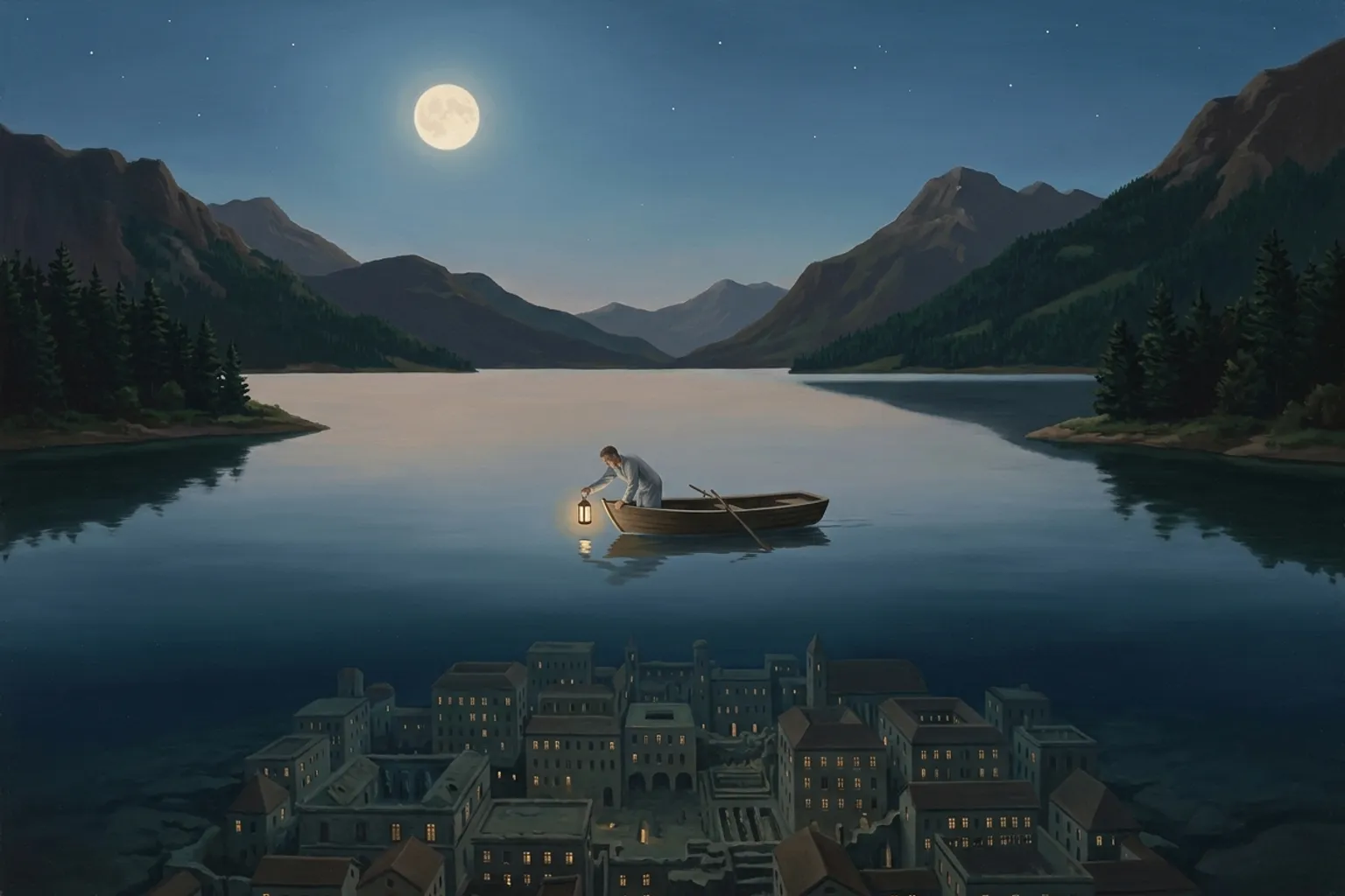 A surrealist oil painting of a still lake at night under a full moon, with an entire sunken city of lit windows visible through the clear water, and a tiny rowing boat above it in which a figure in nightclothes lowers a lantern toward the surface.
