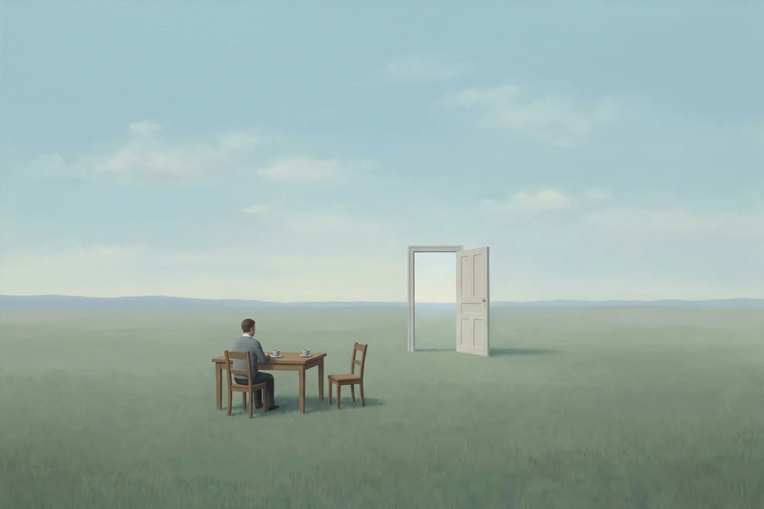 A surrealist oil painting of a small kitchen table set with two cups on a vast, calm plain at dawn, one chair occupied by a tiny seated figure whose back is turned, the other chair empty, a door standing open in the middle of the field.