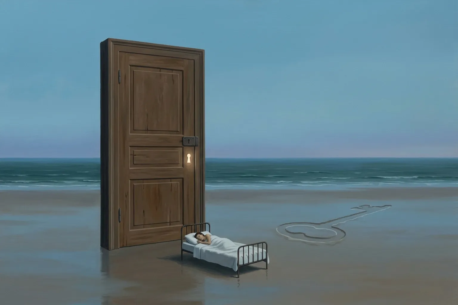 A surrealist oil painting of a vast flat beach at the blue hour. An enormous closed wooden door stands alone on the wet sand, its keyhole glowing from the other side. At its foot, very small, a figure sleeps in a plain iron bed, and across the sand the ripples left by the tide have formed the outline of a single large key.