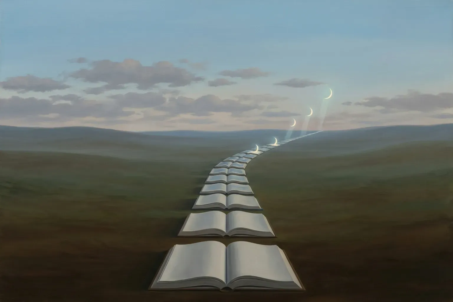 A surrealist oil painting of a path of open books laid end to end through a dusk meadow toward the horizon, the far pages glowing with small rising moons.