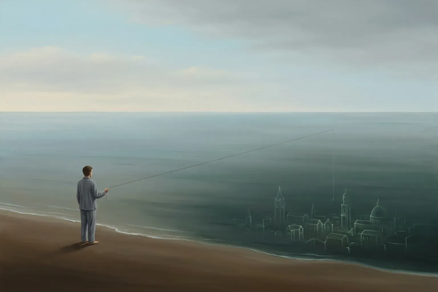 A surrealist oil painting of a small figure in nightclothes on a pale shore at dawn, holding a slender line that runs into the sea, where the glowing outline of a submerged city shows beneath the surface.