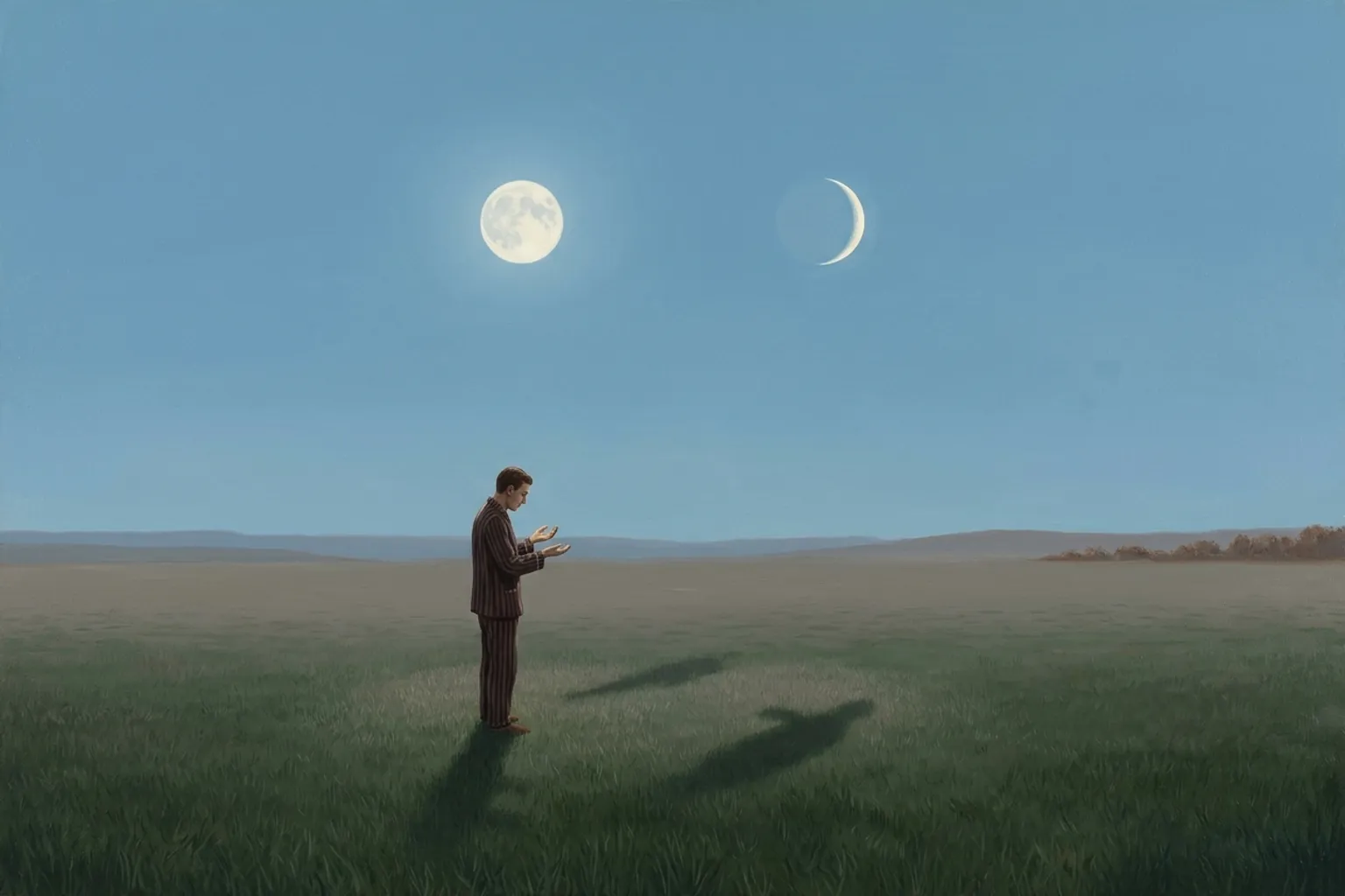A surrealist oil painting of a vast grassy plain at the blue hour, where a small figure in striped nightclothes stands looking down at their open hands beneath two moons, one full and one a crescent, which cast two separate shadows across the grass.