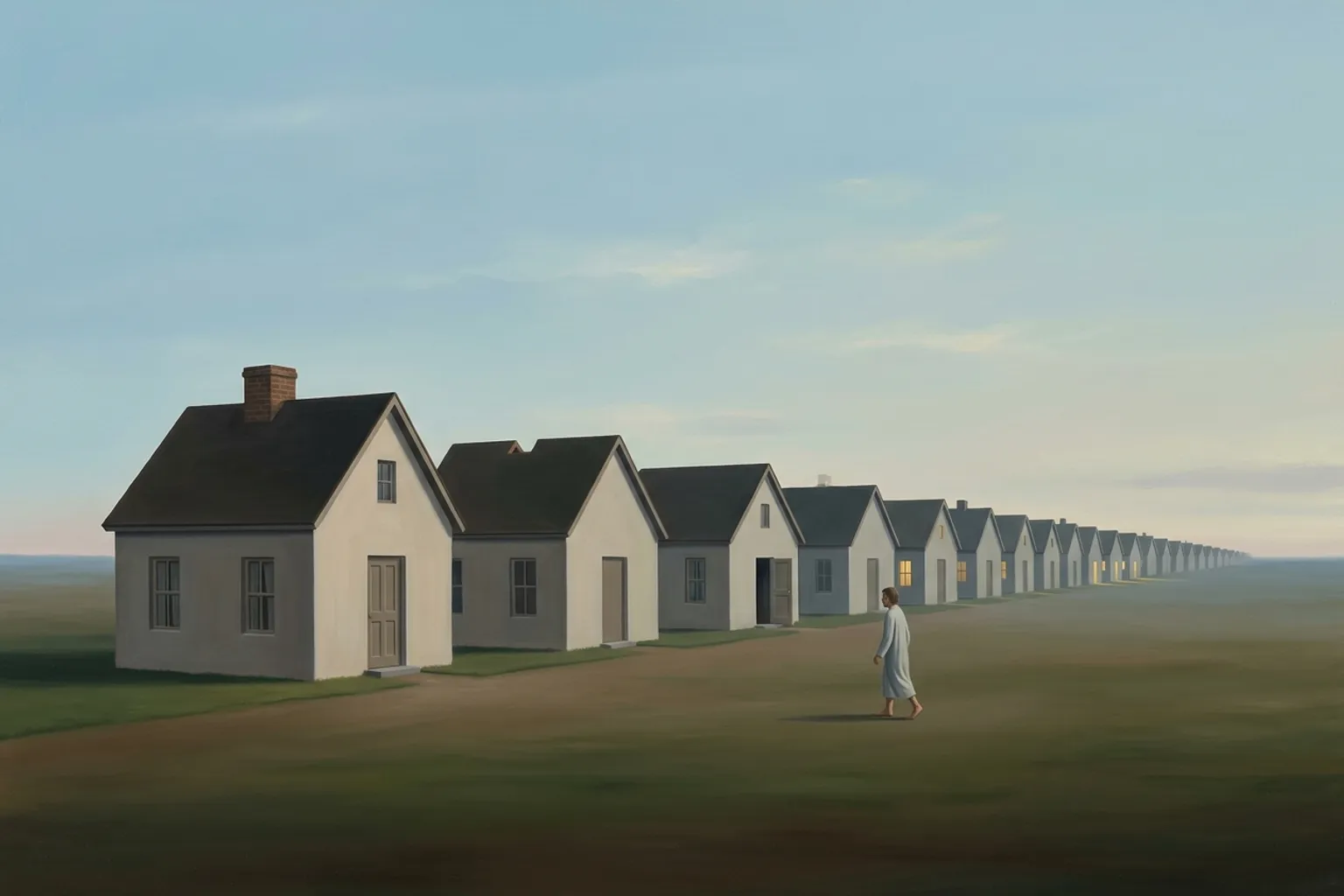 A surrealist oil painting of a long row of nearly identical small houses receding across a vast evening plain, each copy subtly different and a few with softly lit windows, while a tiny figure in nightclothes walks along the row.