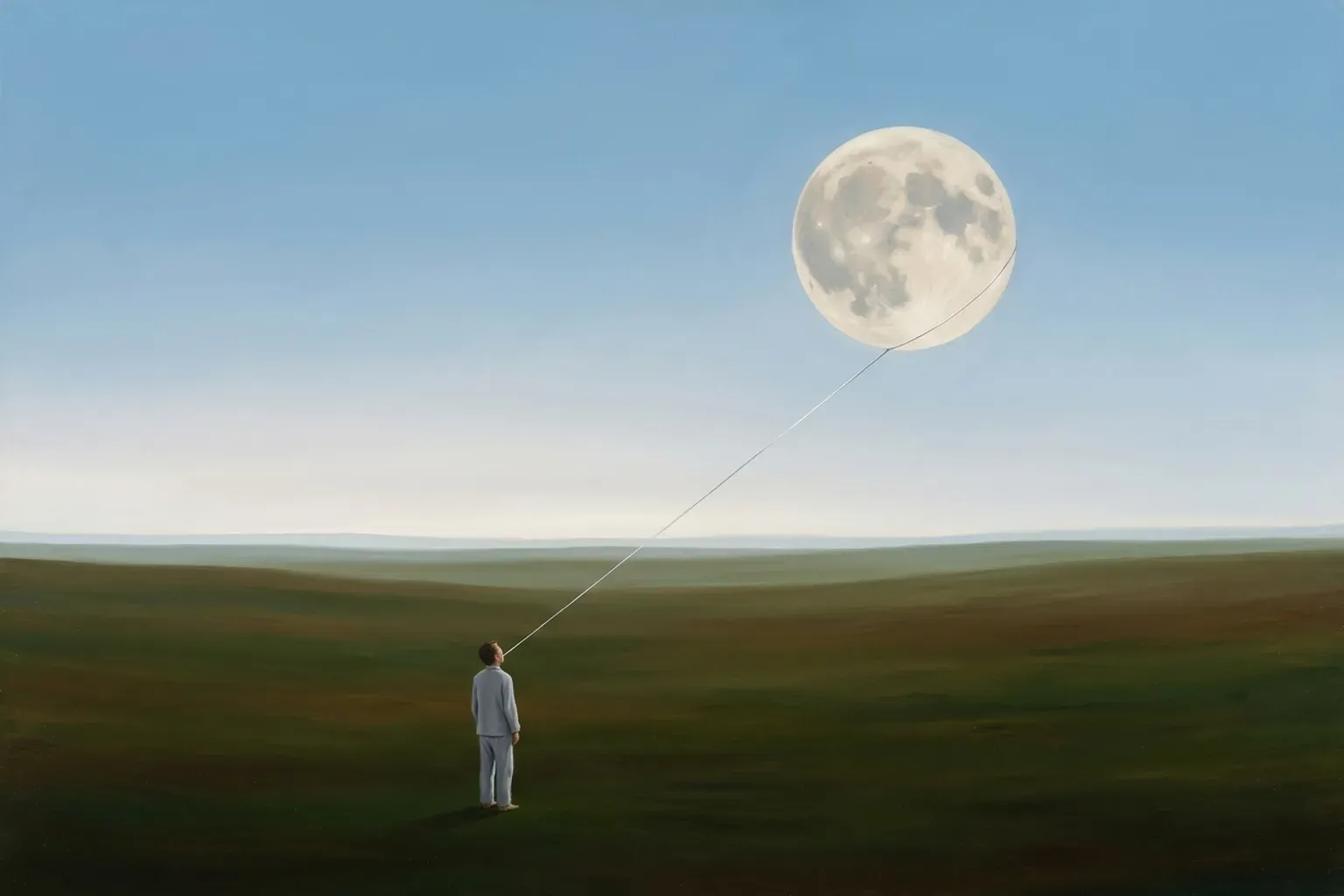A surrealist oil painting of a vast plain at dawn, where a small figure in nightclothes holds an enormous full moon on a slender thread, keeping it above the horizon.