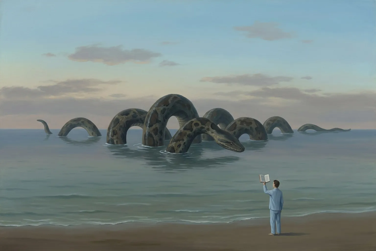 A surrealist oil painting of a vast calm sea at dusk with the coils of an enormous serpent rising from the water like a chain of islands, while a small figure in nightclothes stands on the shore holding up an open book toward it.