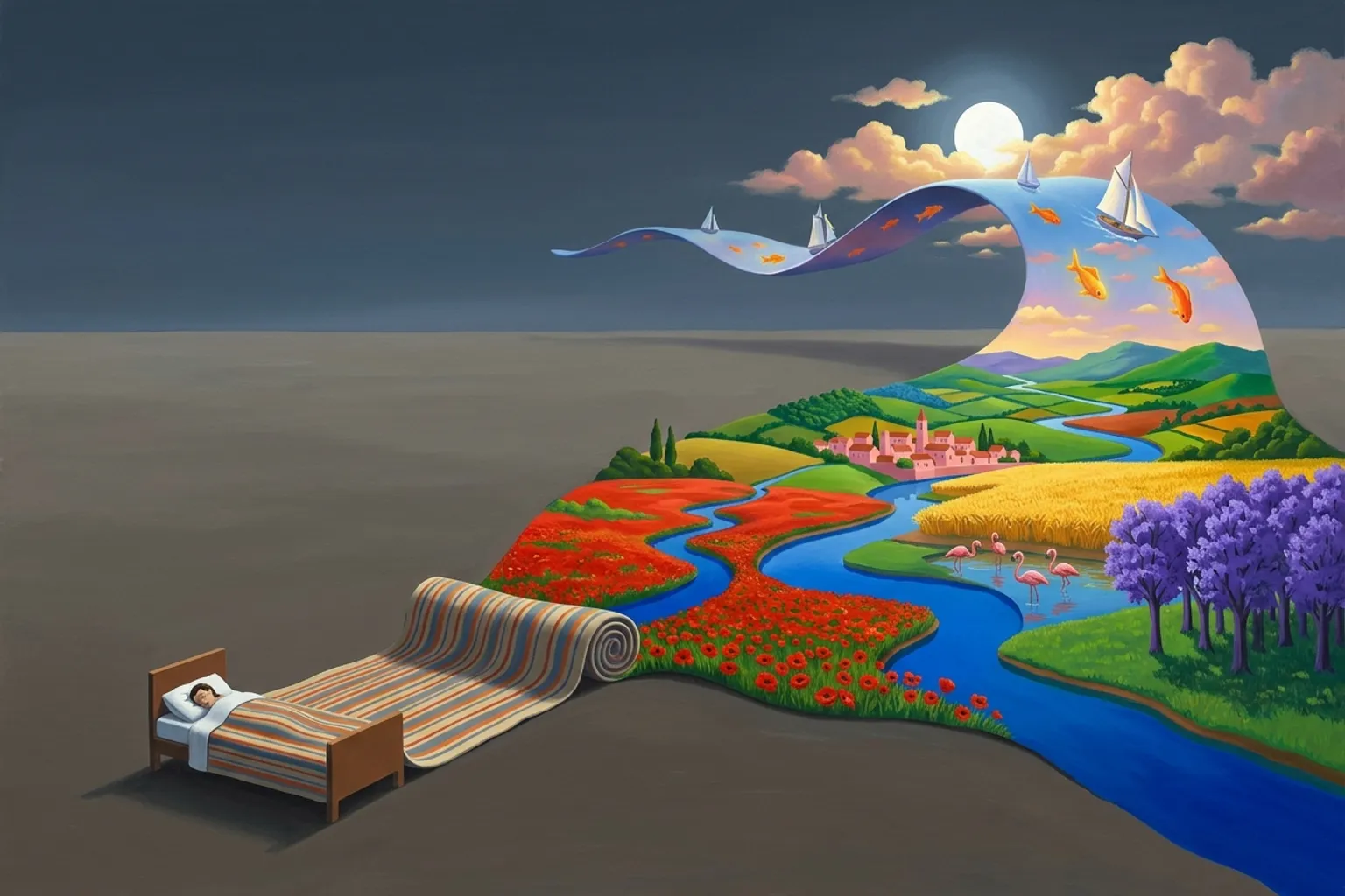 A surrealist oil painting of a sleeper in a small bed on a bare grey plain at night, whose striped blanket unrolls across the ground and becomes a blazing dream landscape of red poppy fields, a cobalt river, golden wheat, a pink town, flamingos and violet trees, before lifting into the sky as a ribbon carrying orange fish and white sailing boats past a full moon.