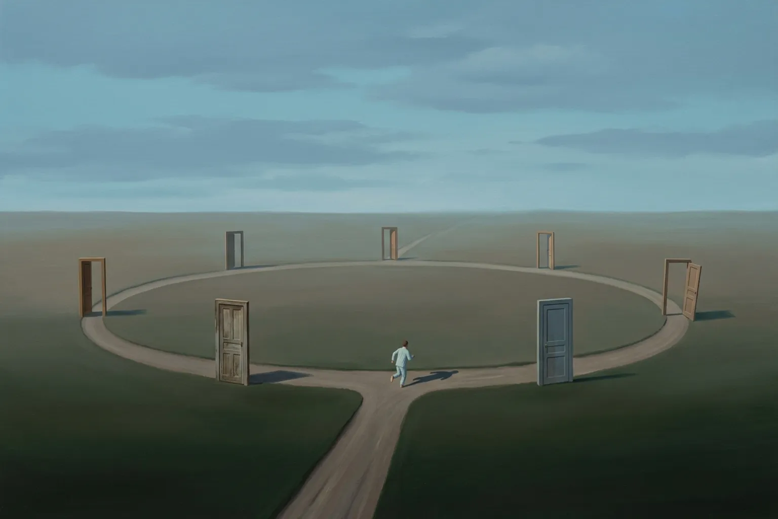 A surrealist oil painting of a single road looping back on itself across a vast evening plain, passing the same small open door at every turn, while a tiny figure in nightclothes runs along it.