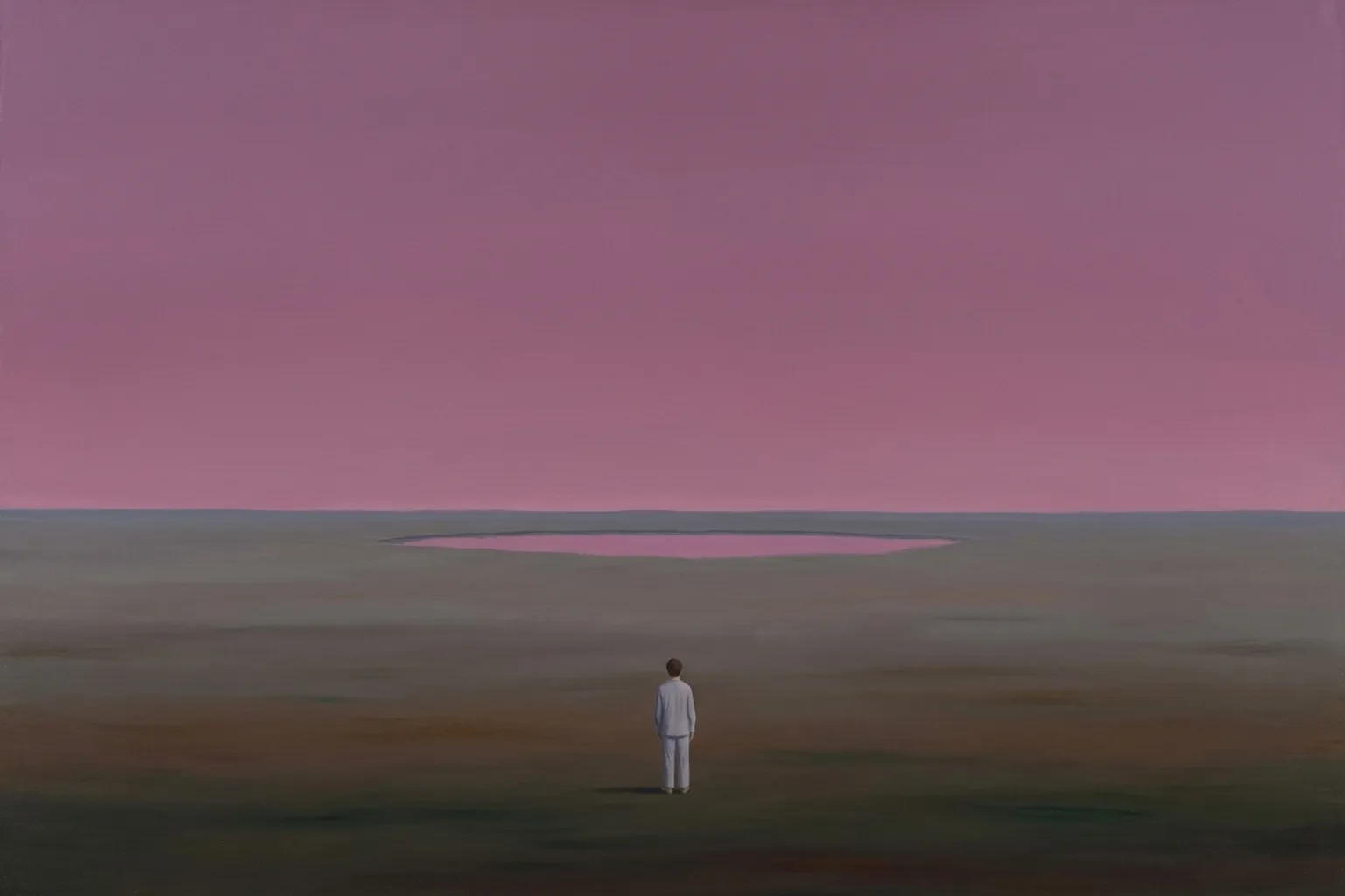 A surrealist oil painting of a vast dusk plain under a sky that has been painted in the wrong colour, with a single tiny figure in nightclothes standing very still and looking at it.