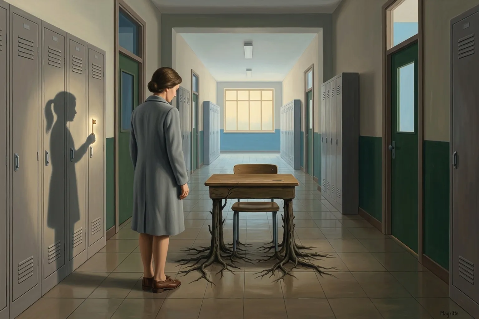 A surrealist painted emblem of the dream symbol Being Back in School.