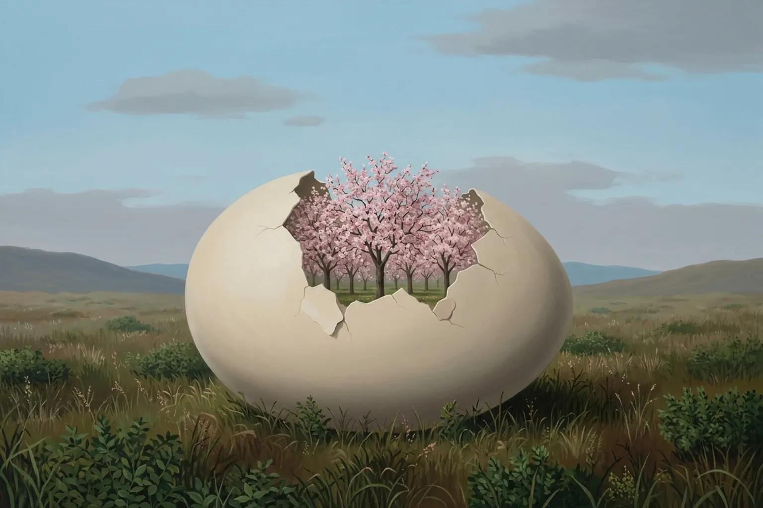 A surrealist painted emblem of the dream symbol Birth.