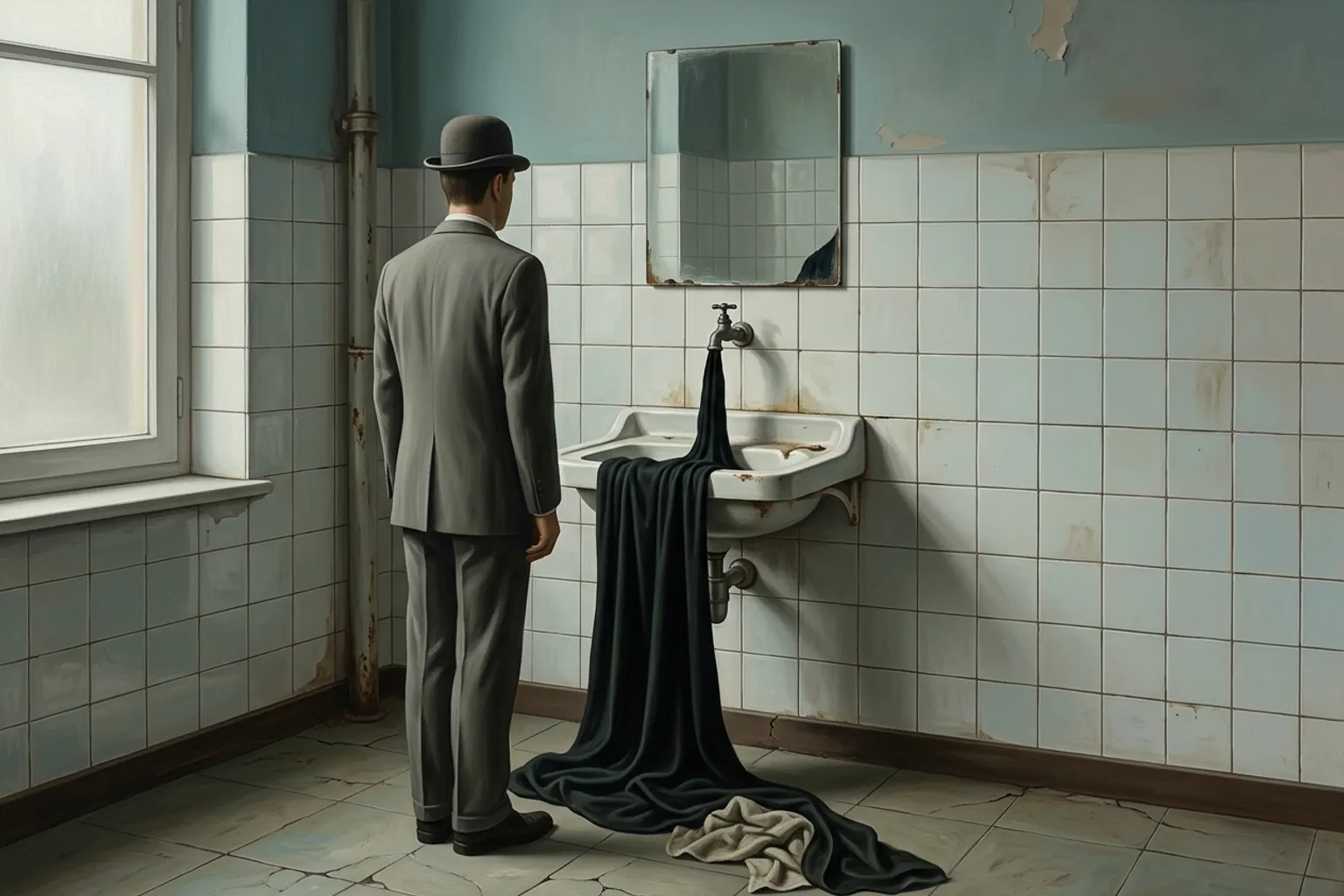A surrealist painted emblem of the dream symbol Dirty Bathroom.