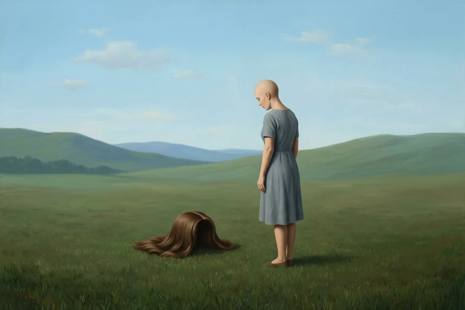 A surrealist painted emblem of the dream symbol Hair Falling Out.