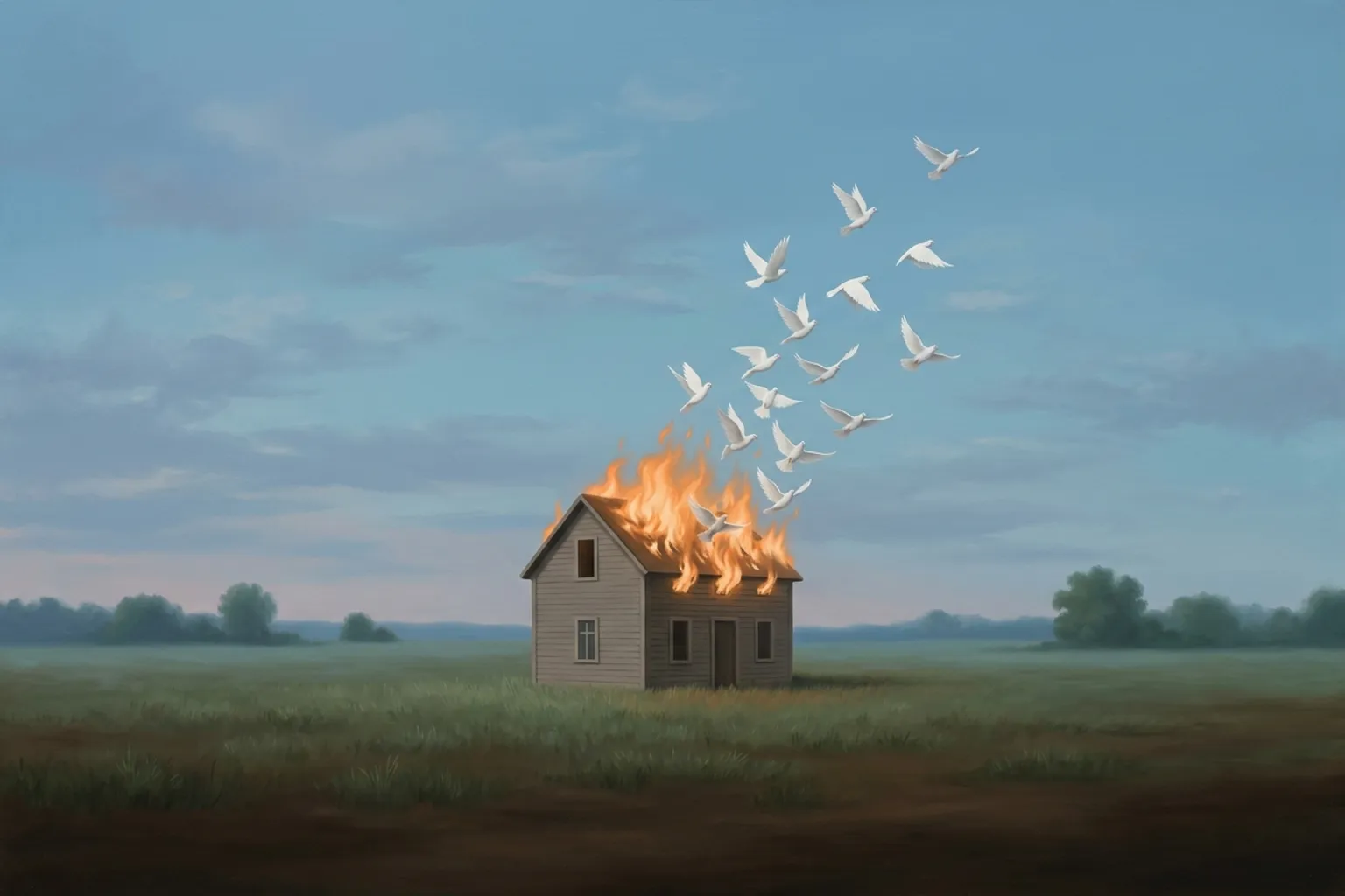 A surrealist painted emblem of the dream symbol House on Fire.