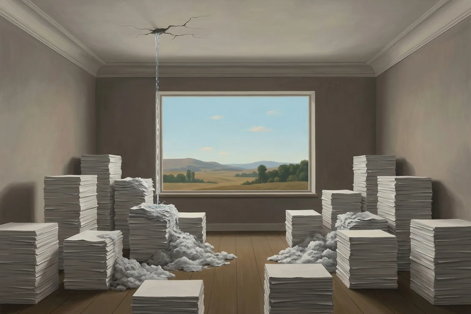A surrealist painted emblem of the dream symbol Leaking Roof.