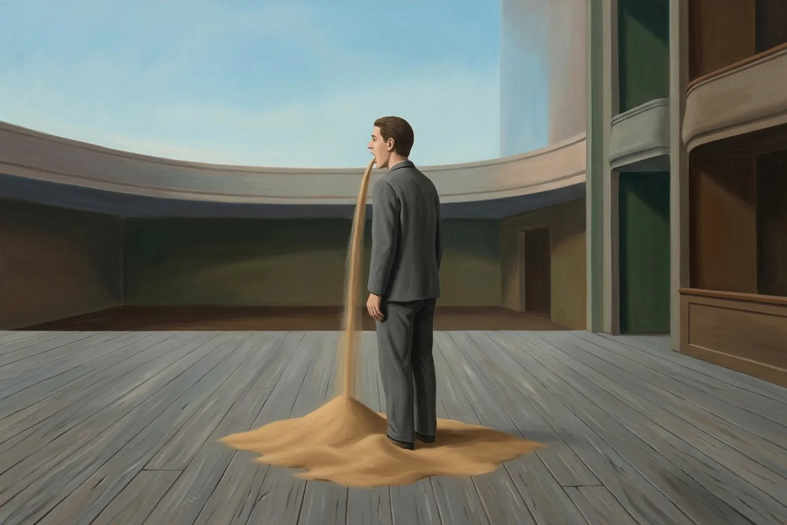 A surrealist painted emblem of the dream symbol Losing Your Voice.