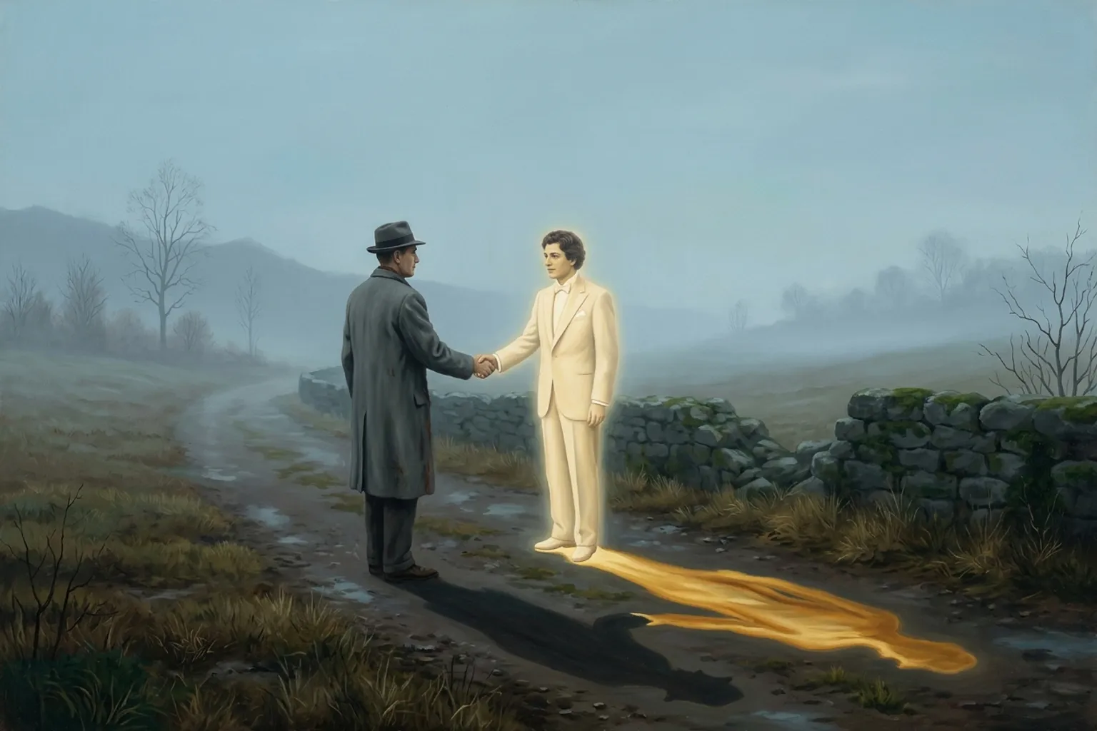 A surrealist painted emblem of the dream symbol Meeting a Celebrity.